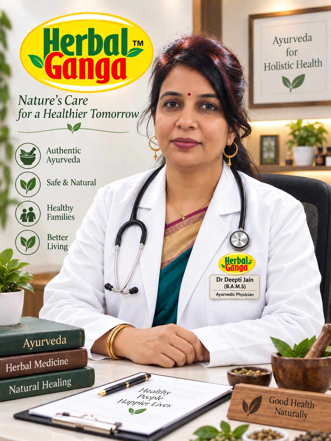Dr. Deepti Jain B.A.M.S Ayurvedic Director of Herbal Ganga Neo Drugs in Indore awarded by Swami Ramdev